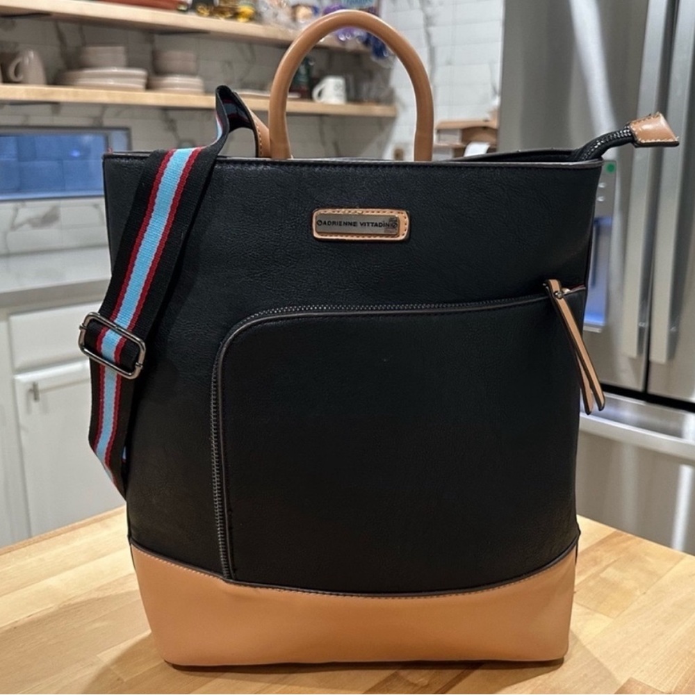 Adrienne Vittadini Backpack Tote Black & Tan With Striped Contrasting Straps